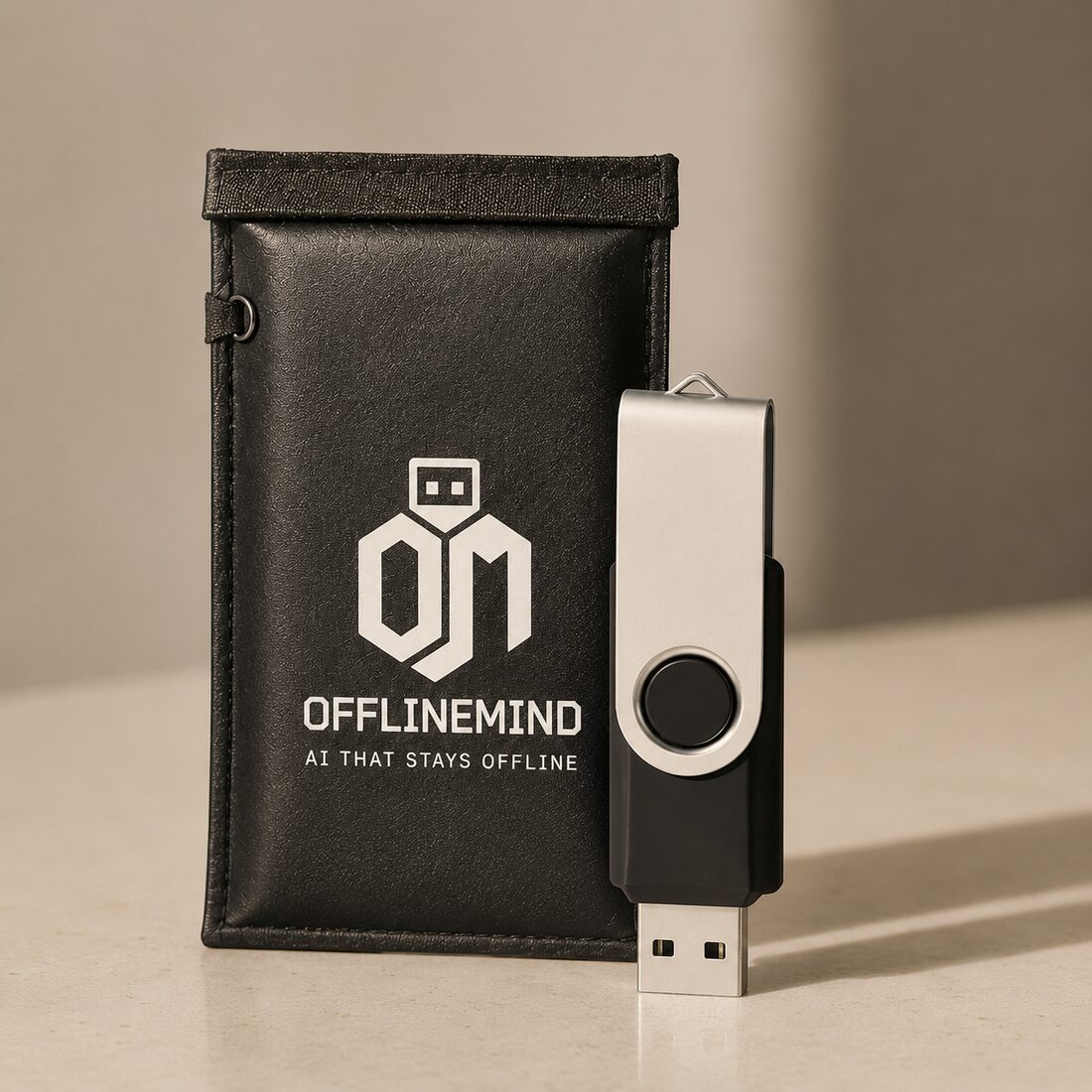 OfflineMind USB drive standing beside its branded pouch