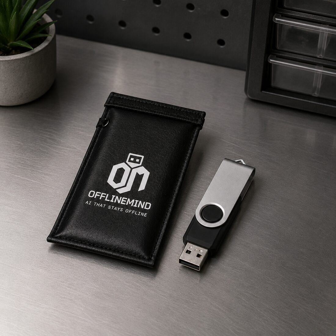 The OfflineMind USB drive beside its branded pouch on a steel workshop bench